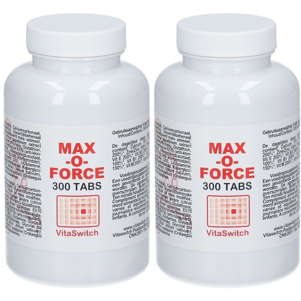 Twee witte flessen met schroefdop. Opschrift: MAX -O- FORCE, 300 TABS, VitaSwitch. Labels met informatie.