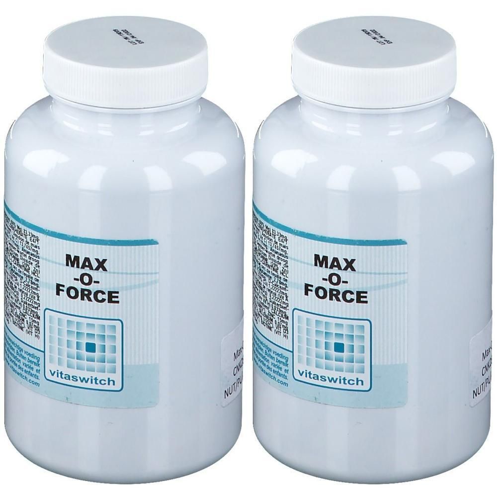 Deux flacons blancs avec des couvercles blancs. L'étiquette indique "MAX -O-FORCE" et "vitawitch".