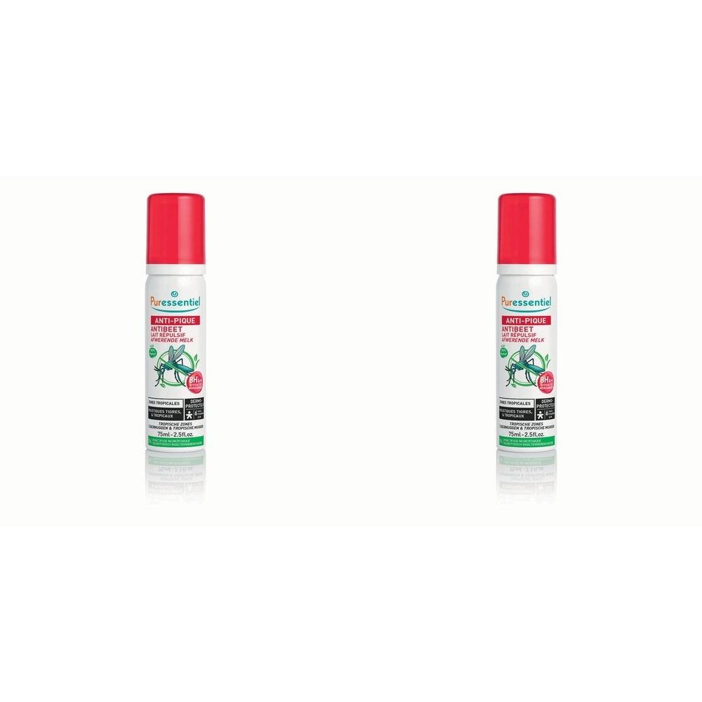 Twee sprays met rode dop. Opschrift: Anti-Pique, Lait Répulsif Zones Tropicales. Groen-witte verpakking.