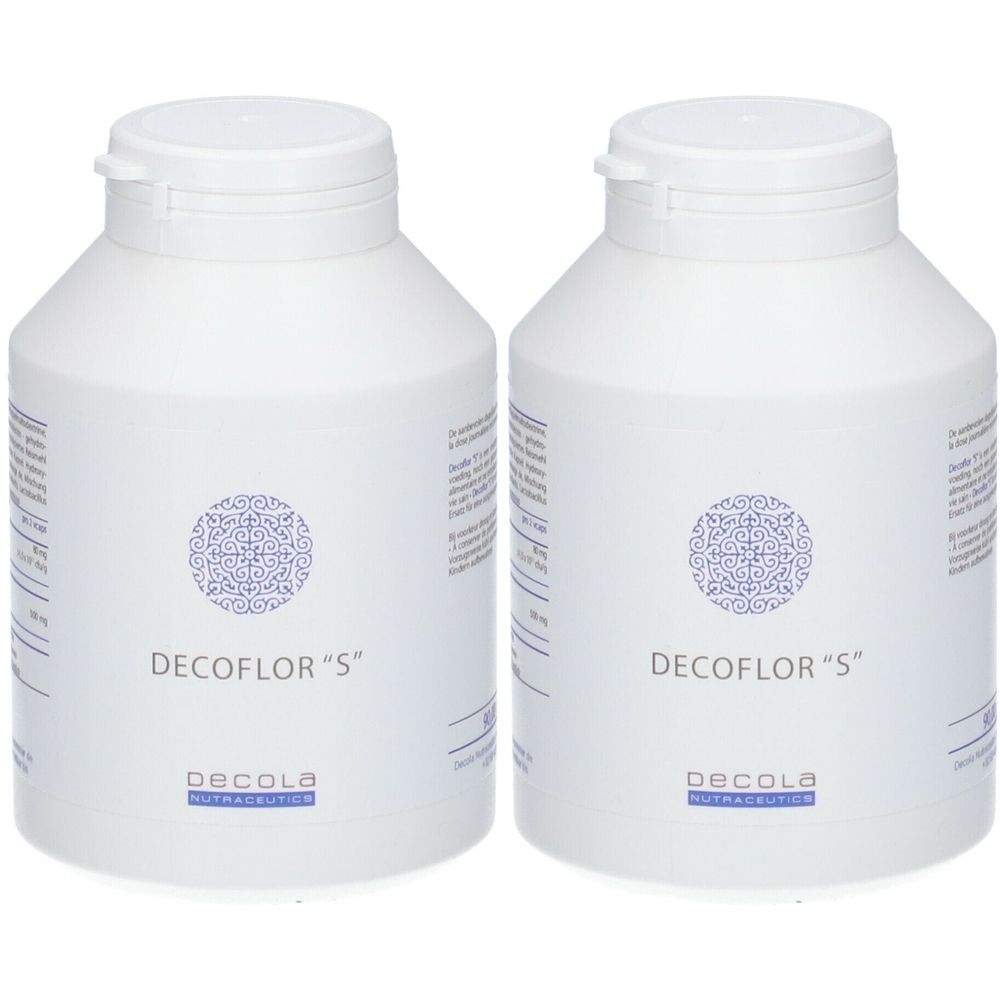 Twee witte flessen met deksels. Opschrift "Decoflor S" en logo. Merk: Decola Nutraceutics.