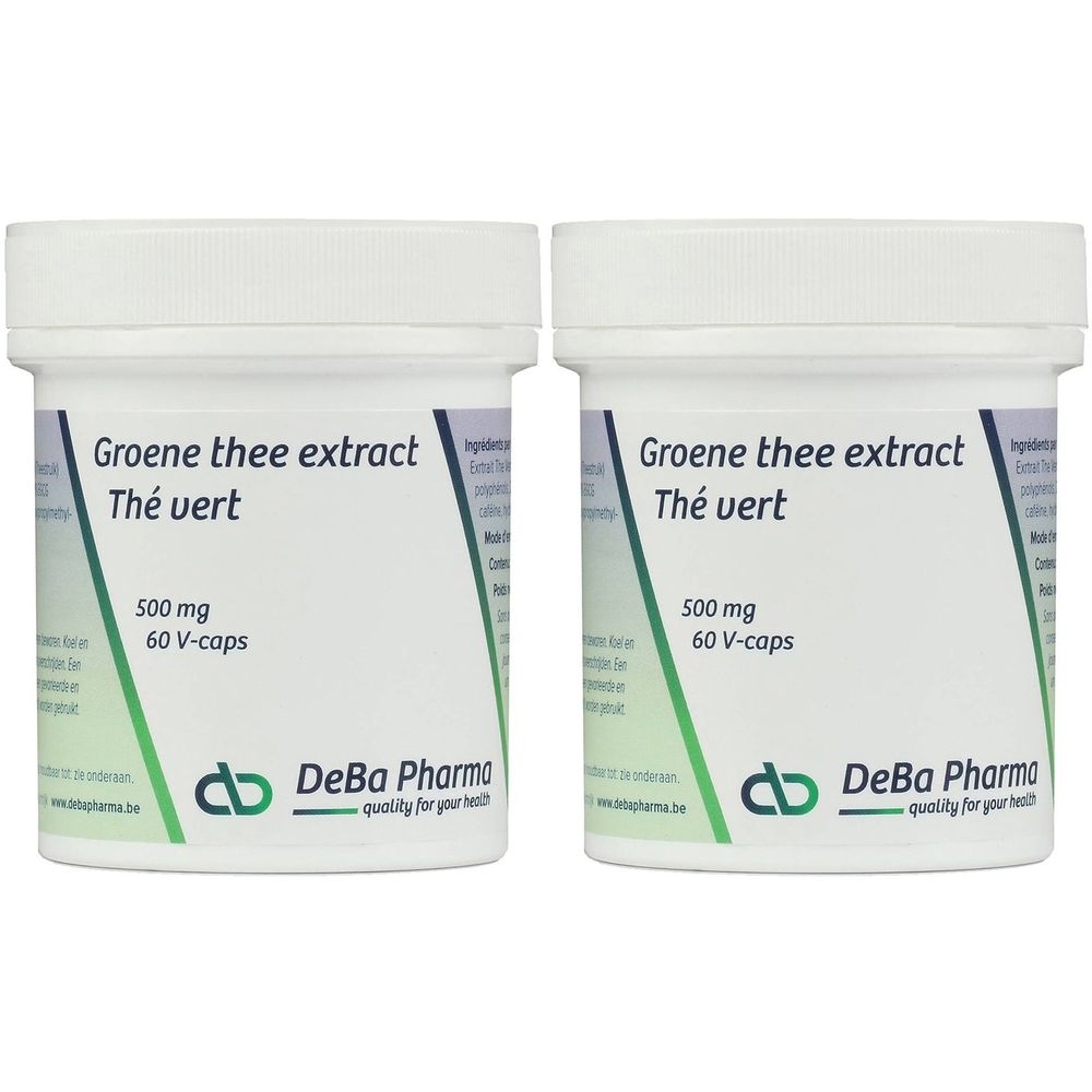 Twee witte potten met deksels. Opschrift: Groene thee extract, Thé vert, 500 mg, 60 V-caps. Merk: DeBa Pharma.