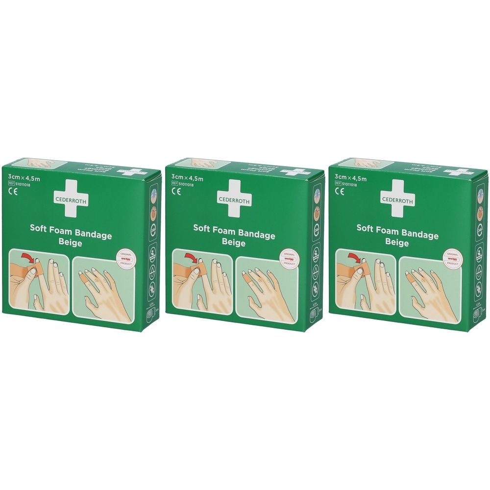 Trois boîtes vertes de Soft Foam Bandage Beige. Inscription : Cederroth, 3cm x 4,5m. Illustration : application sur les doigts.