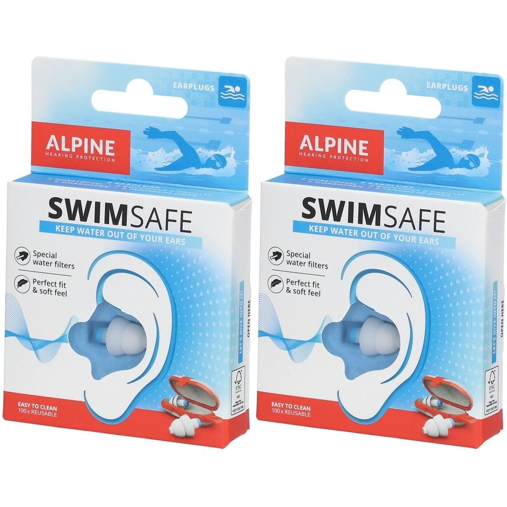 Deux boîtes de bouchons d'oreille SwimSafe. Emballage bleu et blanc avec illustration d'oreille et caractéristiques du produit.