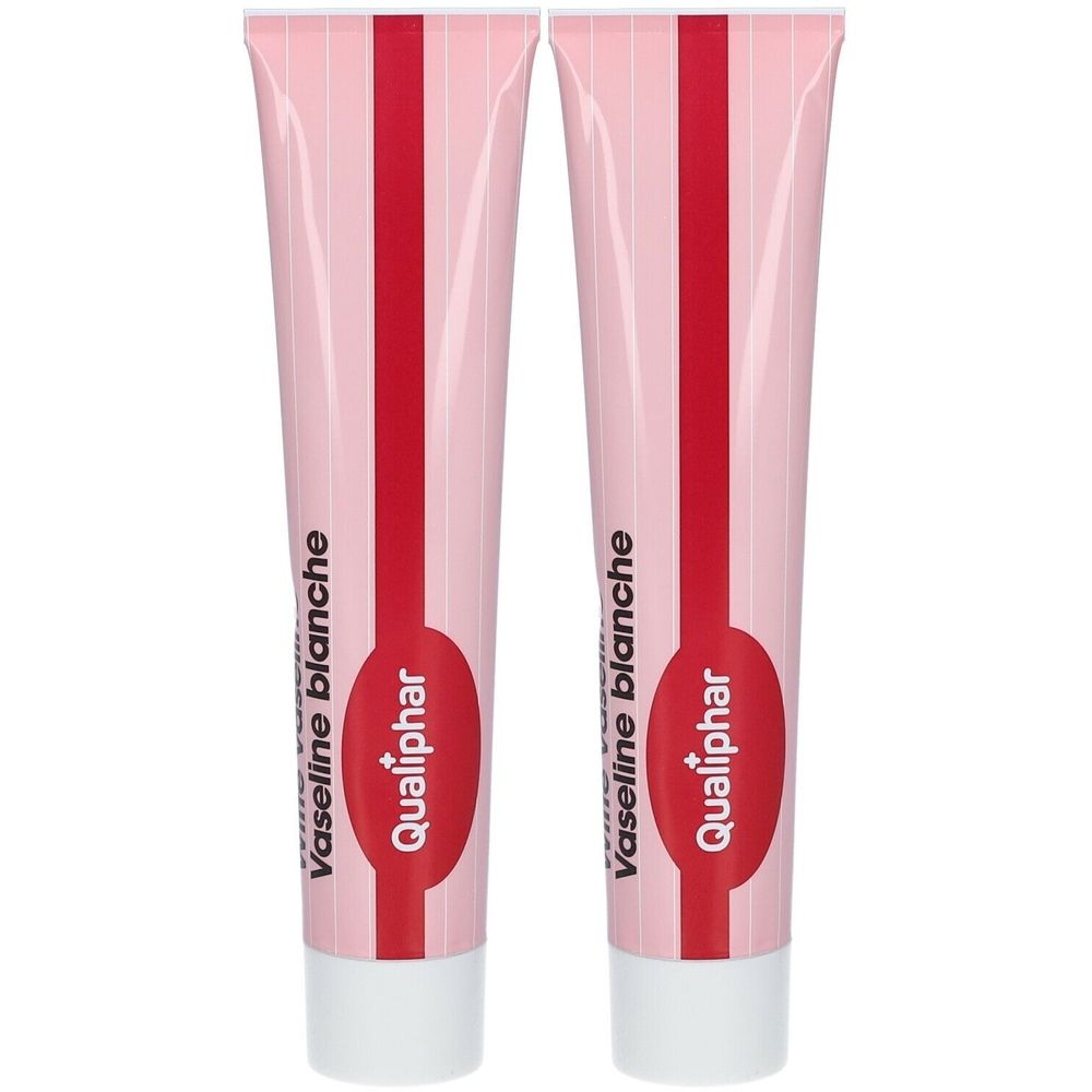 Deux tubes roses et blancs. Bande rouge et zone ovale avec logo "Qualiphar". Texte : "Vaseline blanche".