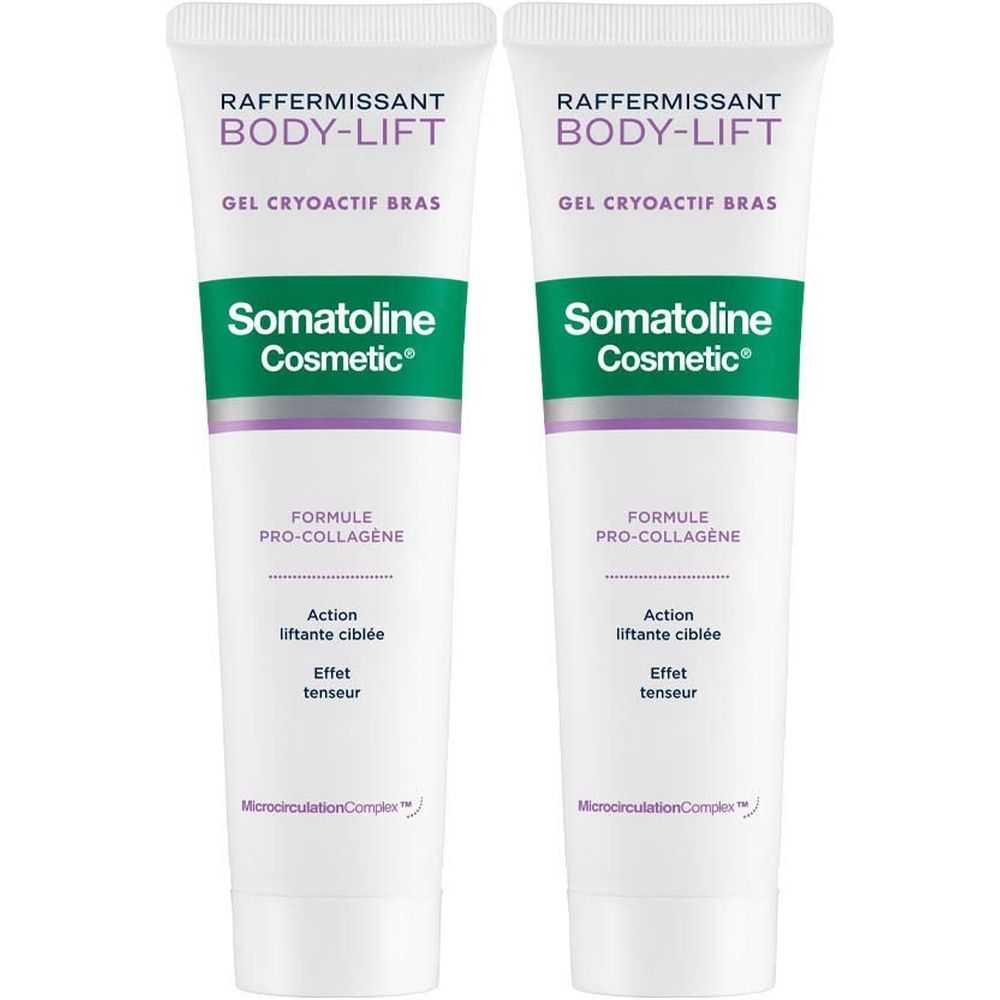 Twee tubes Somatoline Cosmetic Body Lift Gel Cryo Bras. Wit, met groene en paarse accenten. Tekst: Body-Lift, Gel Cryoactif Bras.
