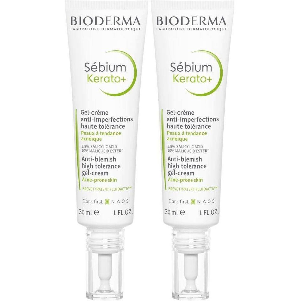 Deux tubes de Bioderma Sébium Kerato+ Gel-Crème. Tubes blancs avec texte vert. Contient des mentions comme "Anti-imperfections" et "Peaux à tendance acnéique".