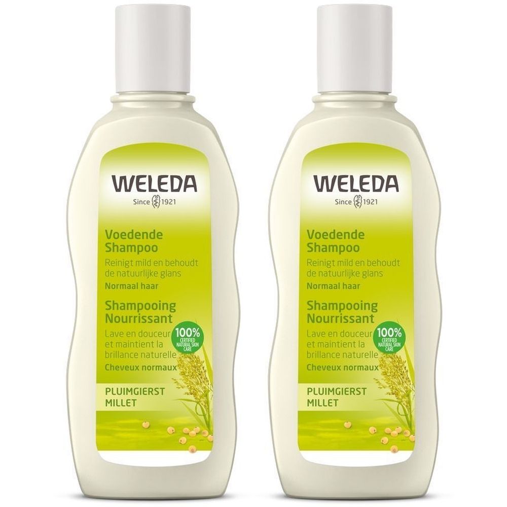 Deux flacons de Shampooing Doux au Millet Weleda. Étiquettes blanc et vert avec informations et logo. Inscription : Nourrissant.