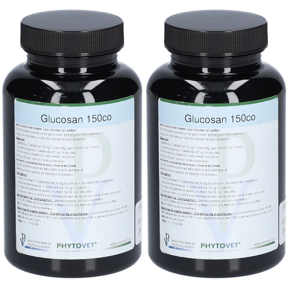Deux flacons noirs avec bouchons à vis. L'étiquette indique "Glucosan 150co".
