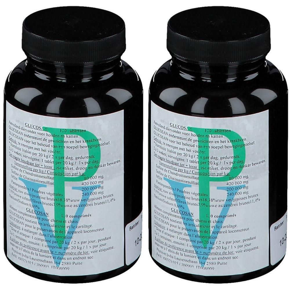 Twee zwarte flessen met wit etiket. Opschrift GLUCOSAN en andere informatie. Groene letter P.