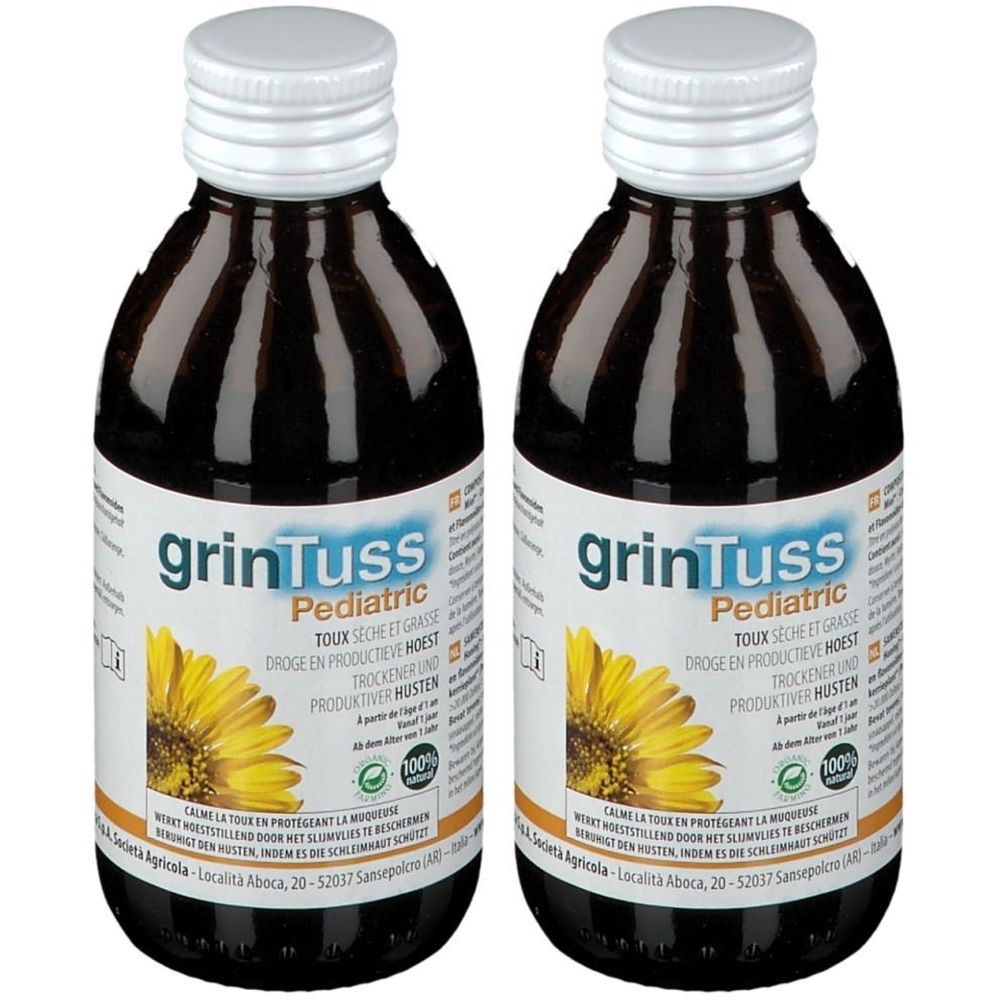 Deux flacons de liquide brun. L'étiquette indique "grinTuss Pediatric" avec une illustration de tournesol. Bouchons à vis blancs.