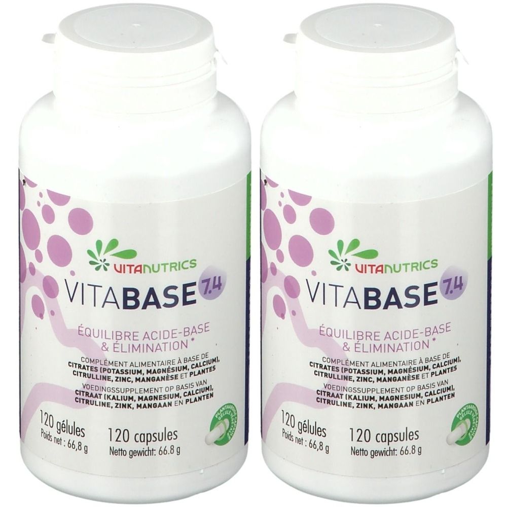 Deux flacons blancs avec étiquettes. Sur les étiquettes, "VITANUTRICS VITABASE 7.4". Chaque flacon contient 120 gélules.