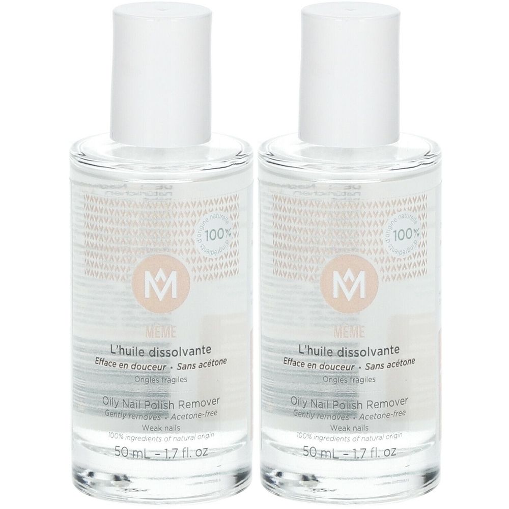 Deux flacons de dissolvant MÊME. Liquide clair dans des bouteilles en verre avec bouchon blanc. Étiquette avec informations produit.