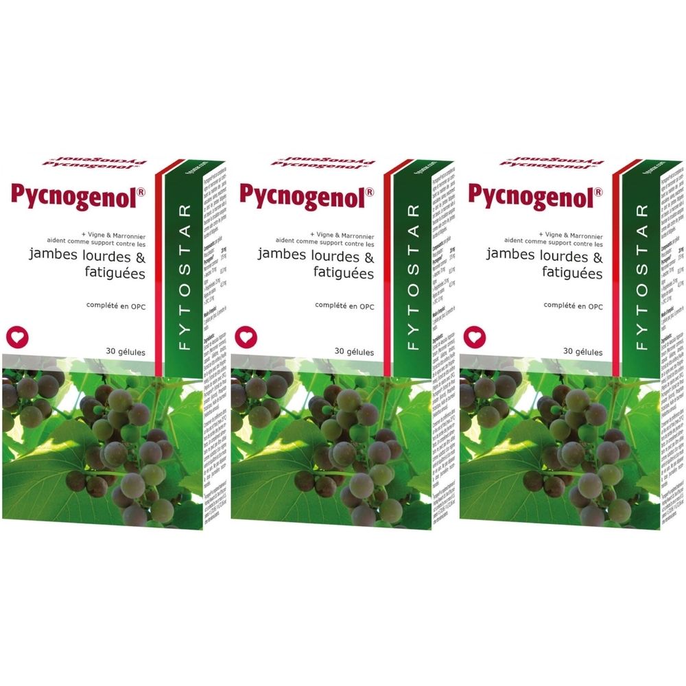 Drie dozen Fytostar Pycnogenol. Opschrift: Pycnogenol, voor zware en vermoeide benen. 30 capsules. Afbeelding van druiven.
