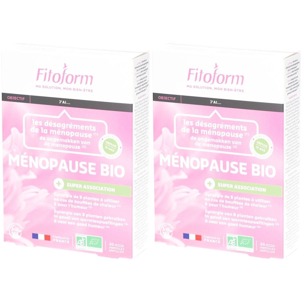 Deux boîtes de Fitoform Ménopause Bio. Emballage rose avec texte en français. Certification bio.