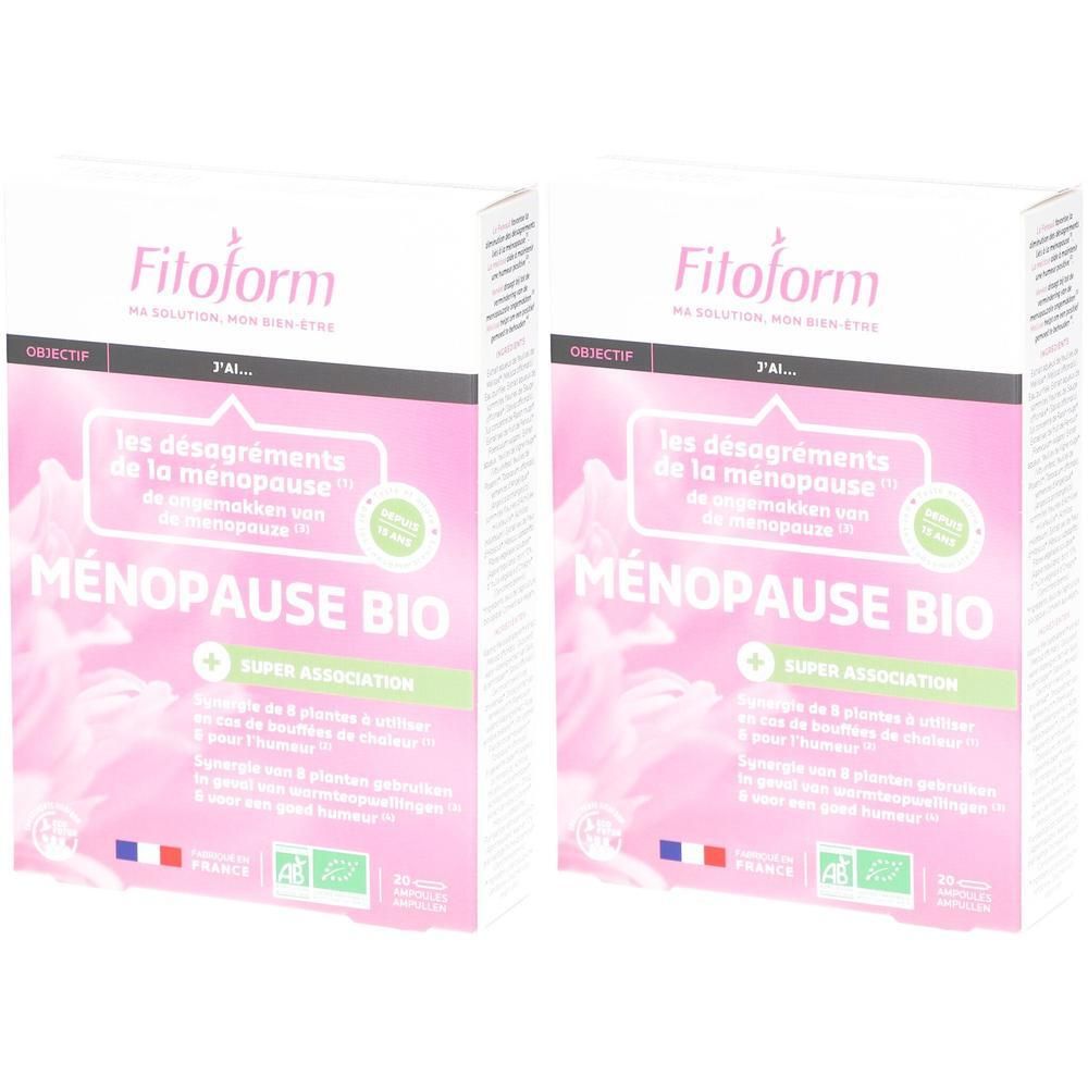 Twee dozen Fitoform Menopause Bio. Roze verpakking met tekst en logo. Franse vlag en bio-label.