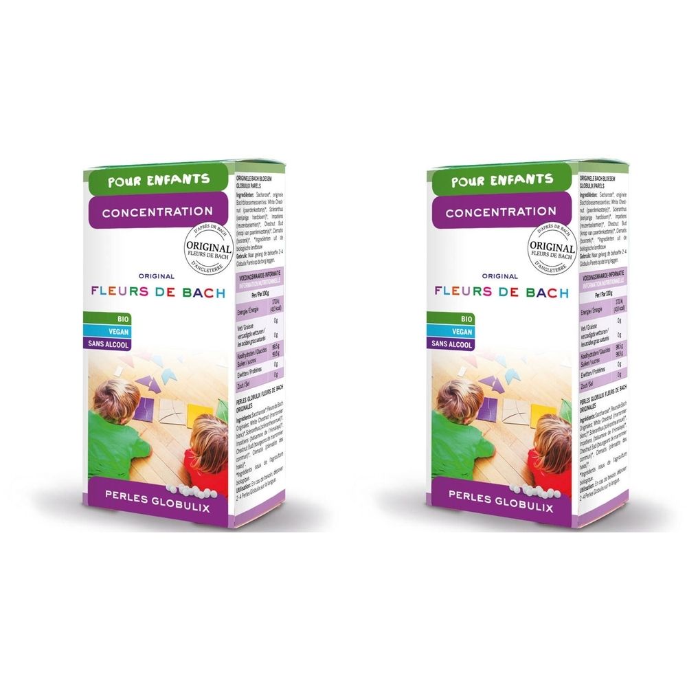 Deux boîtes rectangulaires avec l'inscription "POUR ENFANTS CONCENTRATION FLEURS DE BACH". Des enfants sont représentés sur l'emballage.