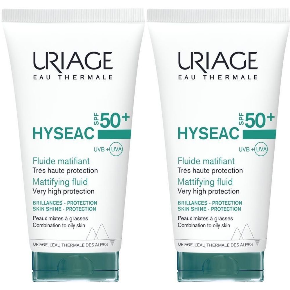 Deux tubes de Uriage Hyséac Fluide Matifiant SPF50+. Tubes blancs avec texte vert. Texte: SPF50+, Fluide matifiant, pour peaux mixtes.