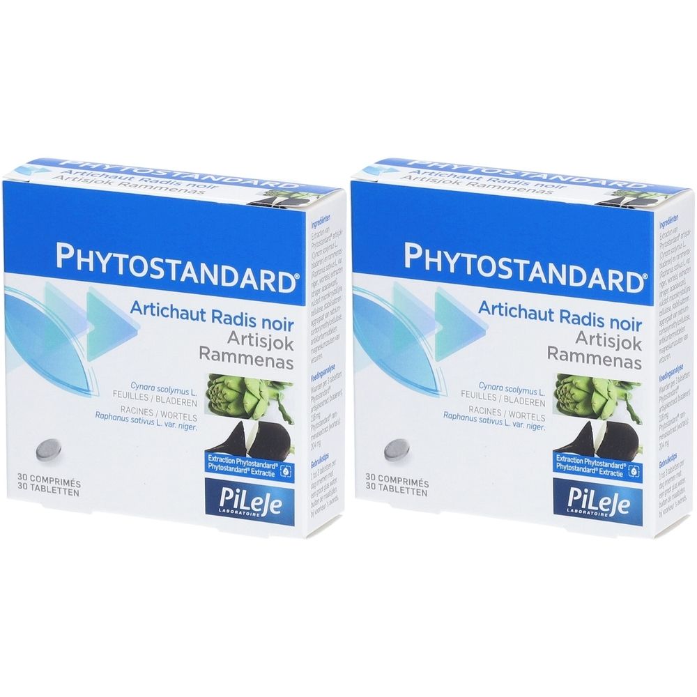 Twee dozen met PHYTOSTANDARD. Opschrift: Artichaut Radis noir, Artisjok, Rammenas. Merk Pileje.