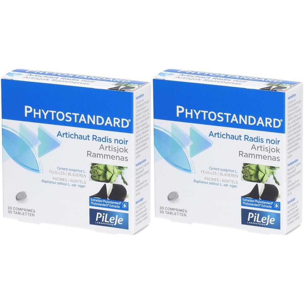 Twee dozen Phytostandard Artichaut Radis Noir. Blauw-witte verpakking met productnaam en illustraties.