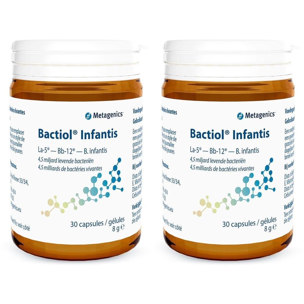 Twee bruine potten met witte deksels. Opschrift: Bactiol Infantis, 30 capsules. Metagenics logo.