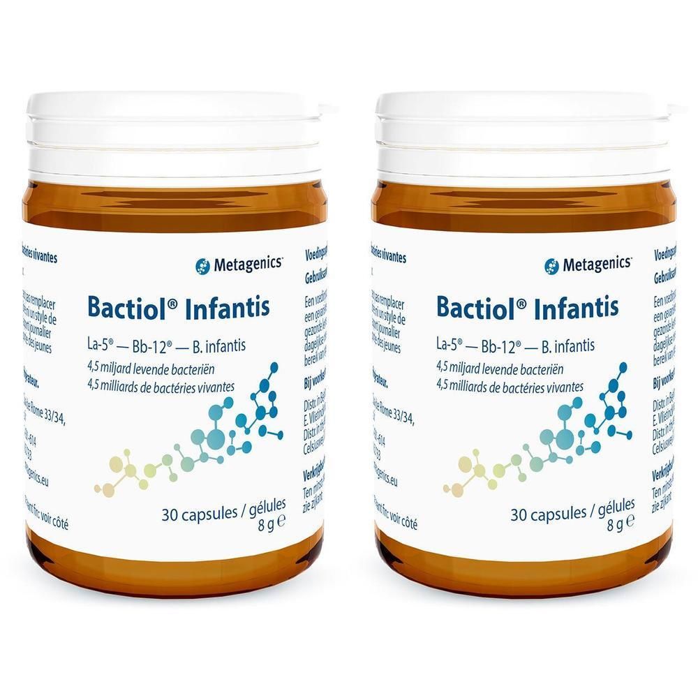 Twee bruine potten met witte deksels. Opschrift: Bactiol Infantis, 30 capsules. Metagenics logo.