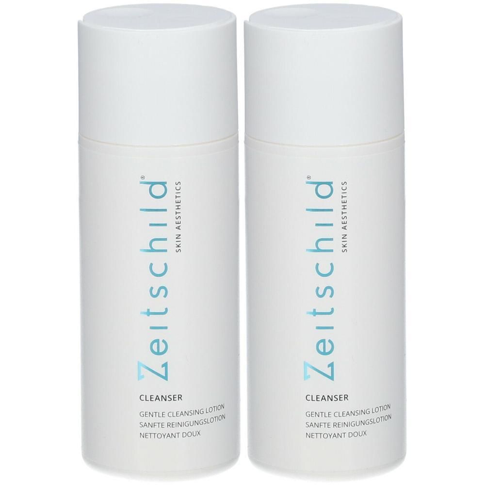 Deux flacons blancs de Zeitschild® Lotion nettoyante douce. Inscription: Cleanser, lotion nettoyante douce.