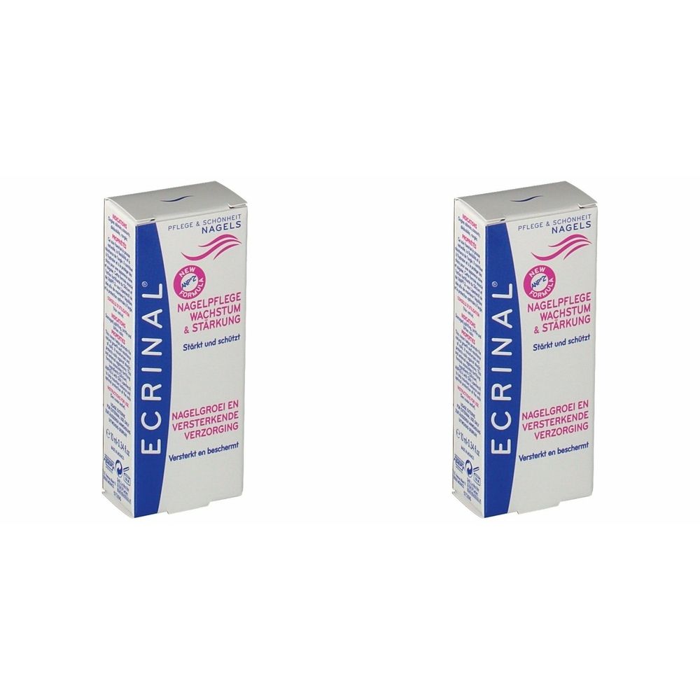 Deux boîtes blanches avec texte bleu et rouge. Inscription : ECRINAL, soin des ongles, croissance & renforcement.