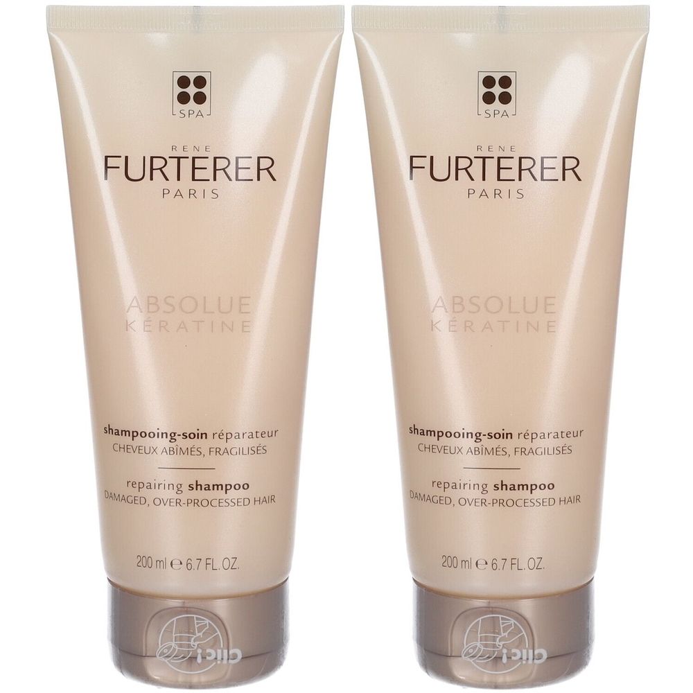 Twee tubes shampoo. Beige tint, opschrift René Furterer Paris, Absolue Kératine. Tekst: Shampooing-soin réparateur.