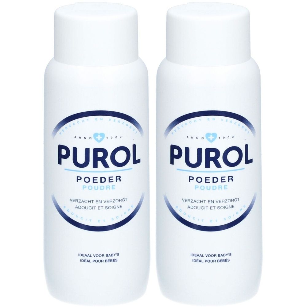 Twee witte flessen met blauw etiket. Opschrift: PUROL, POEDER, POUDRE. Tekst: Verzacht en verzorgt, Adoucit et soigne. Ideal voor baby's.