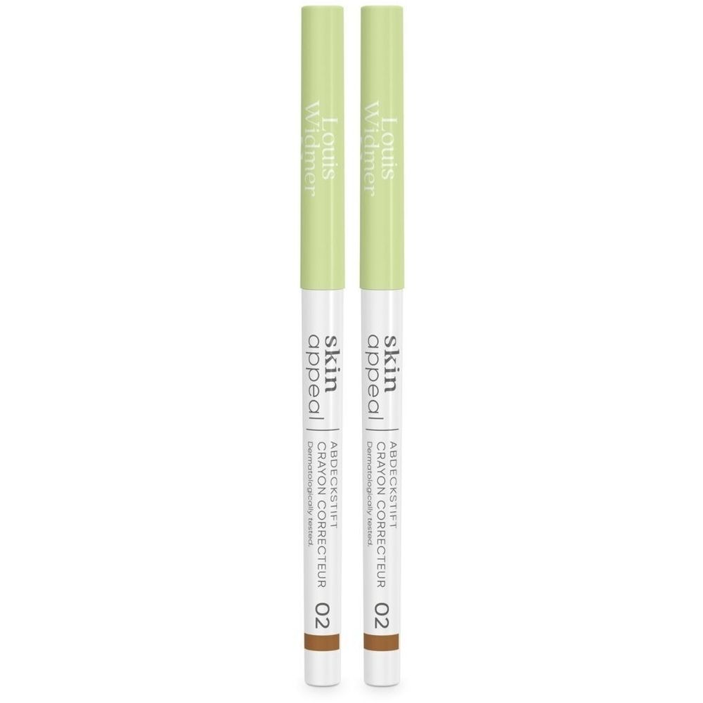 Twee Skin Appeal Coverstick 02 stiften. Groen-witte huls, bruine punt. Opschrift: Louis Widmer, Skin Appeal.