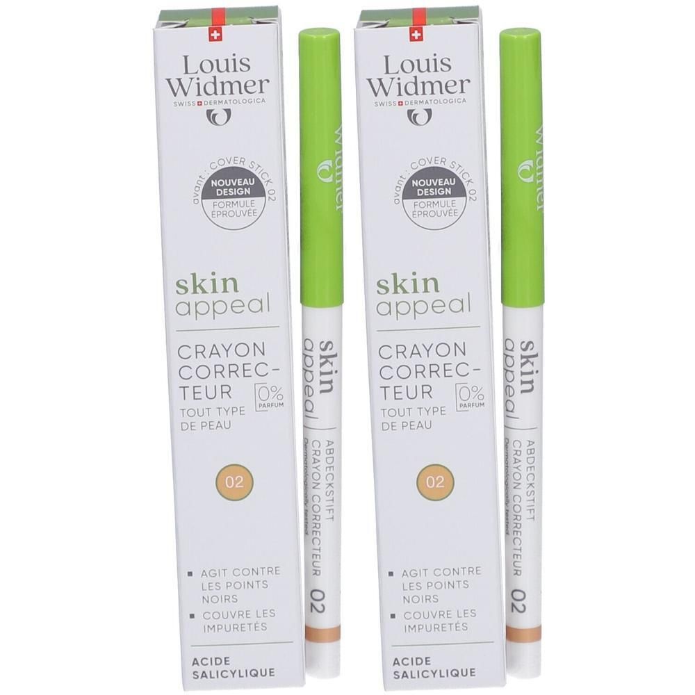 Twee Coversticks en verpakkingen. Op de verpakkingen staat "Louis Widmer Skin Appeal Coverstick 02". De sticks zijn groen en wit.