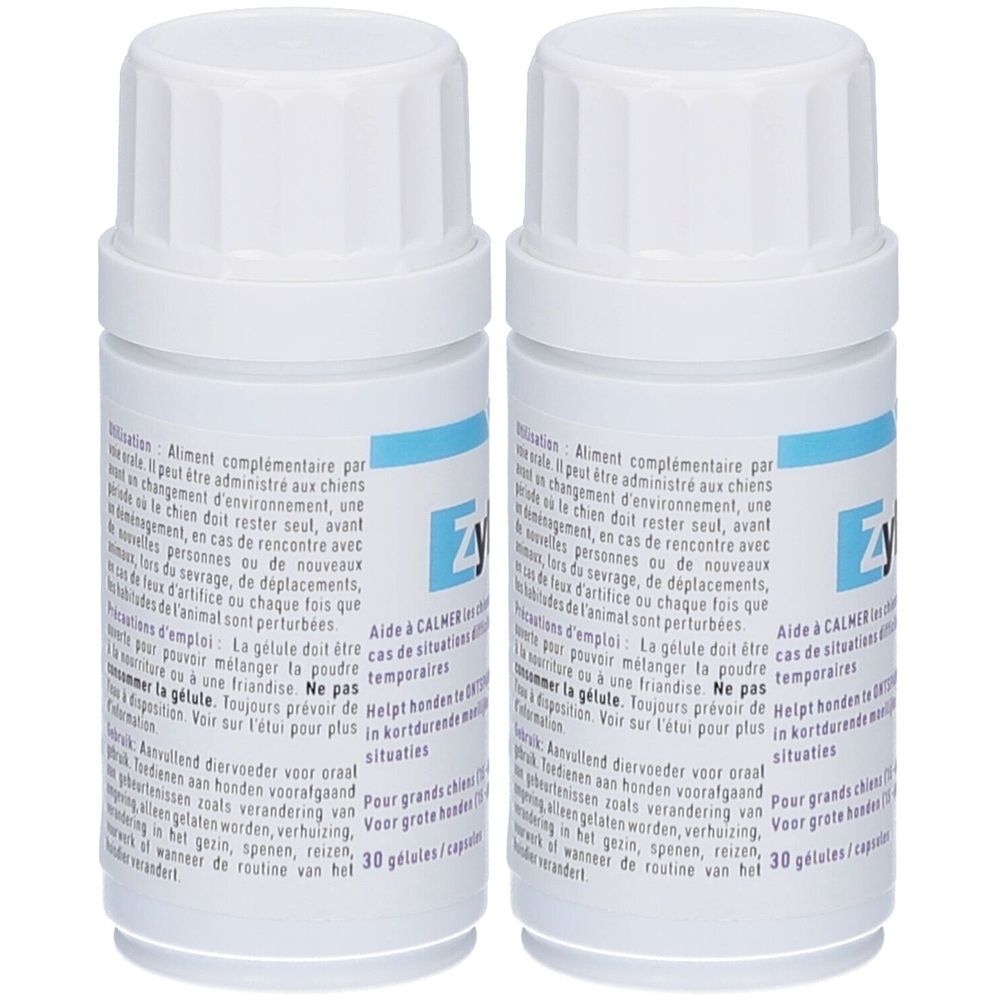 Twee witte flessen met blauwe tekst. Opschrift Zylkène. Meertalige tekst. 30 capsules.