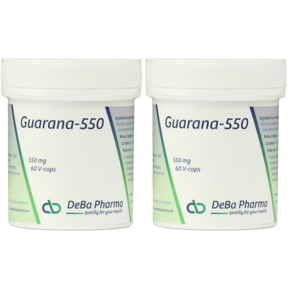 Twee witte potten met de tekst "Guarana-550". Opschrift: 550 mg, 60 V-caps. Merk: DeBa Pharma. Kwaliteit voor uw gezondheid.