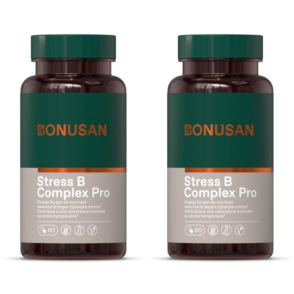 Twee flessen met groene doppen en etiketten. Opschrift: BONUSAN, Stress B Complex Pro. Bevat 60 capsules. Vegan.