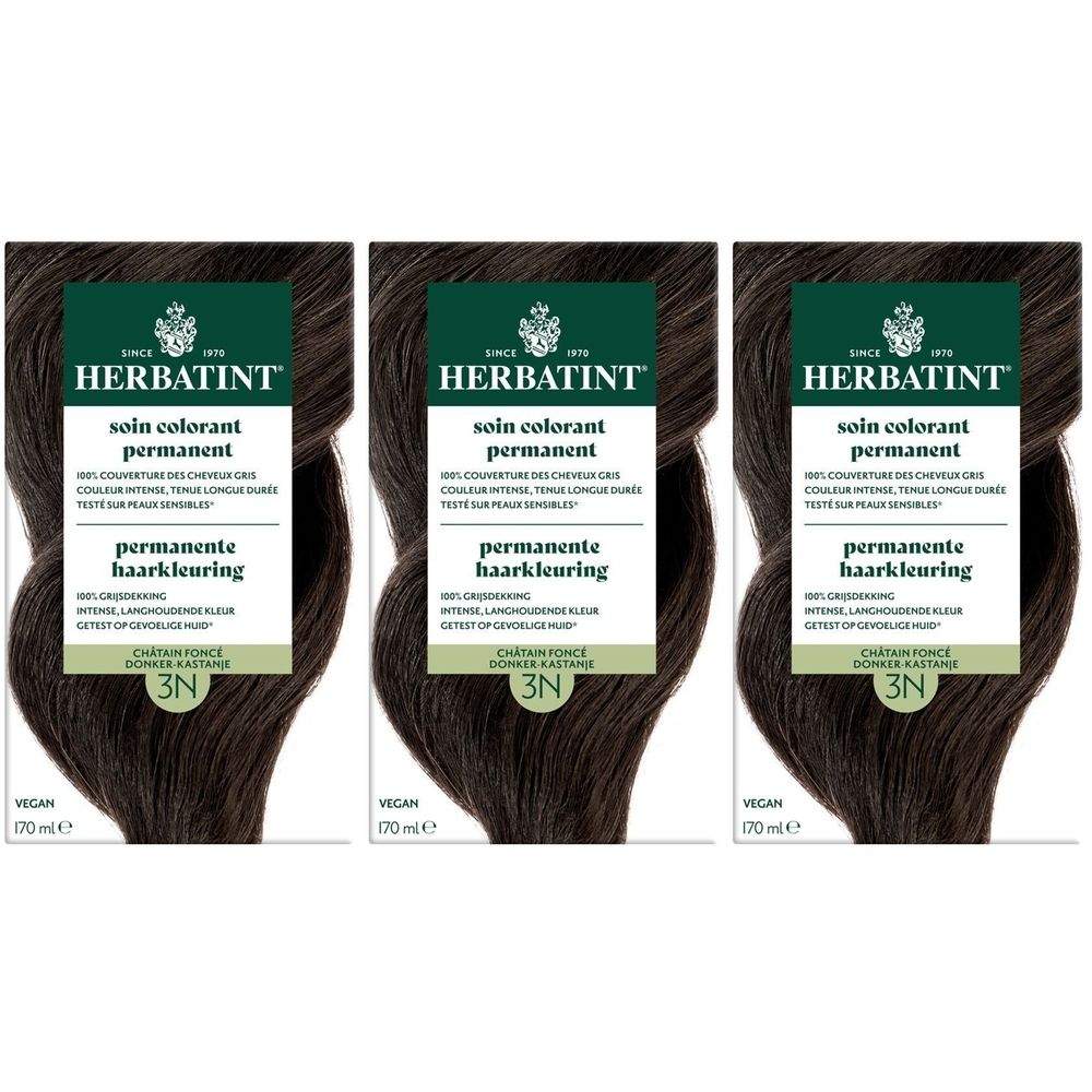 Trois boîtes de Herbatint Soin Colorant Permanent 3N Châtain Foncé. Vegan. 170 ml. Inscription: soin colorant permanent, permanente haarkleuring.