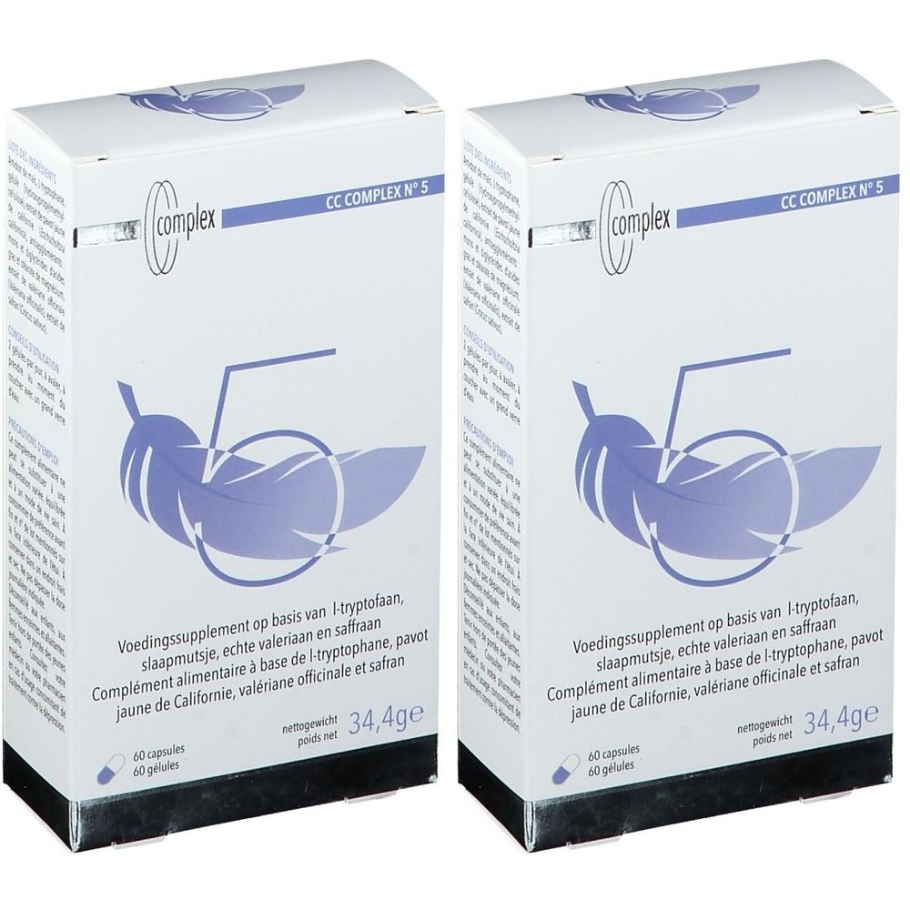 Deux boîtes blanches avec informations produit. Inscription: CC COMPLEX N°5. Illustration d'une plume. Texte en français et néerlandais.