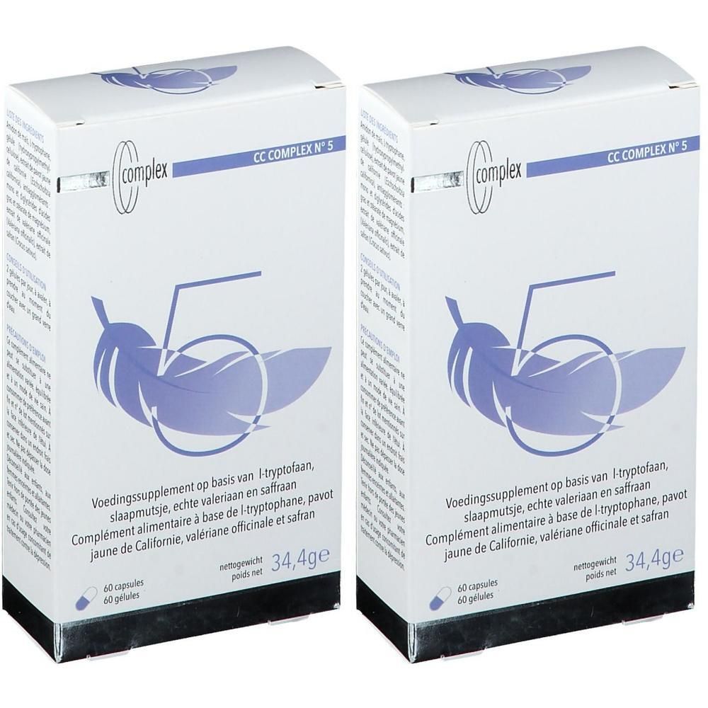 Twee rechthoekige dozen met productinformatie en logo "CC complex". Opschriften in het Nederlands en Frans.