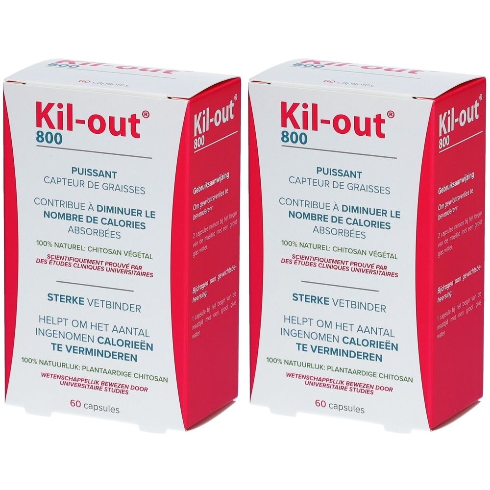 Deux boîtes rectangulaires Kil-out 800. Texte rouge et noir. Contribue à diminuer les calories absorbées. 60 capsules.