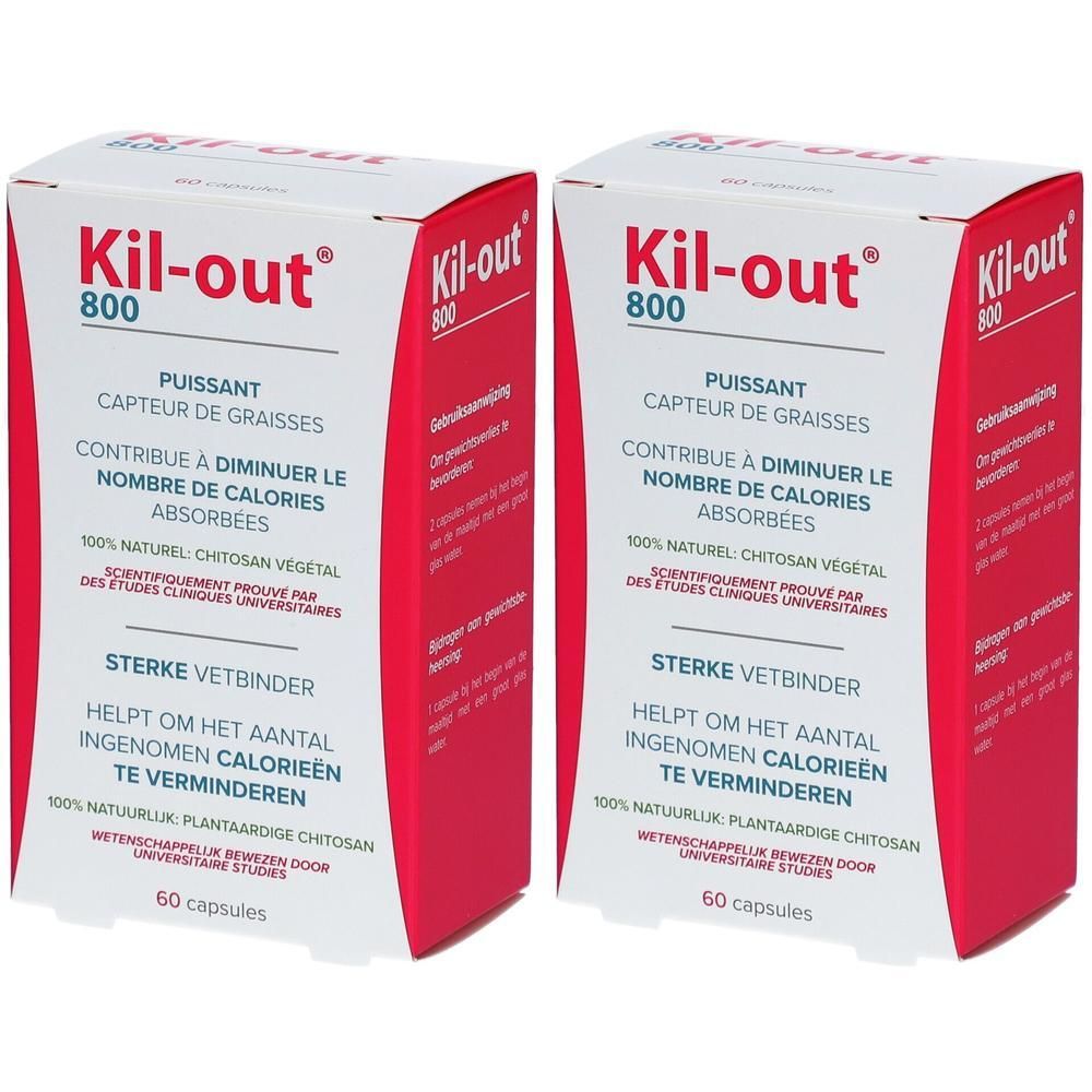 Twee dozen Kil-Out® 800. Witte dozen met rode tekst en logo. Tekst in het Frans en Nederlands.