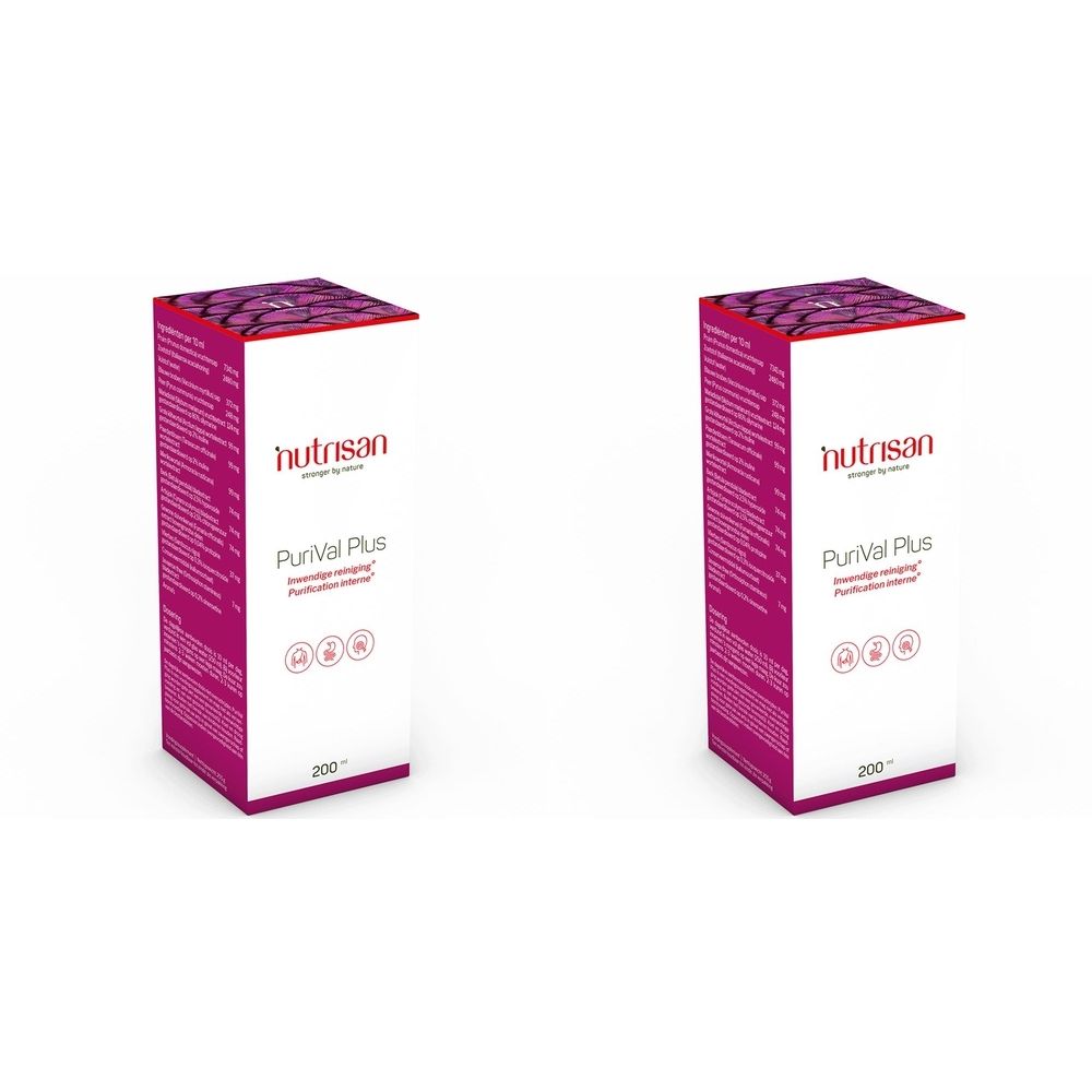 Deux boîtes rectangulaires. Inscription : Nutrisan, Purival Plus. Emballage violet et blanc avec informations sur le produit et logo.