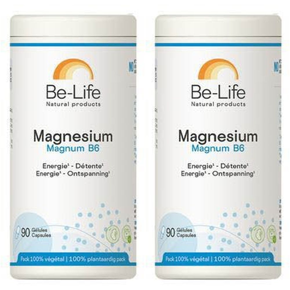 Twee witte Be-Life Magnesium Magnum B6 flessen. Opschrift: Magnesium Magnum B6, 90 capsules. Verpakking 100% plantaardig.
