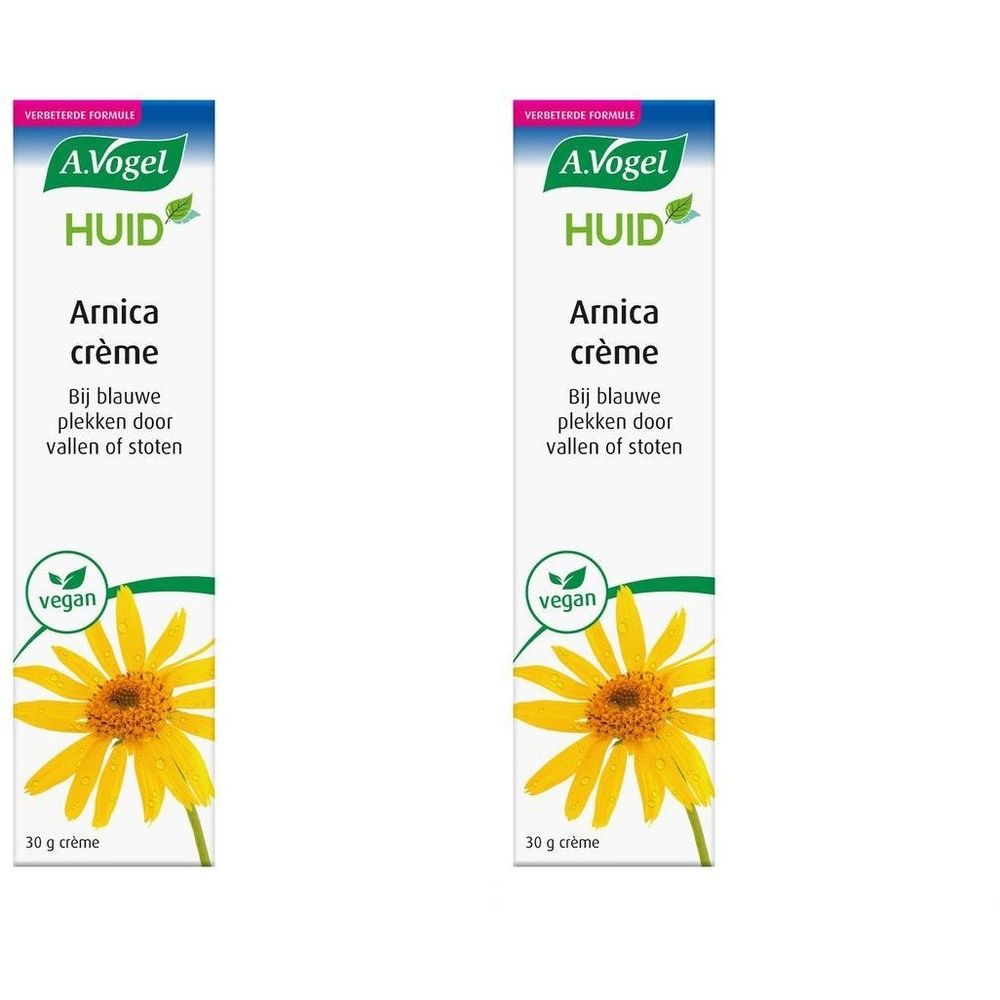 Deux tubes de crème Arnica A. Vogel. Blanc, texte et fleur jaune. Label vegan.
