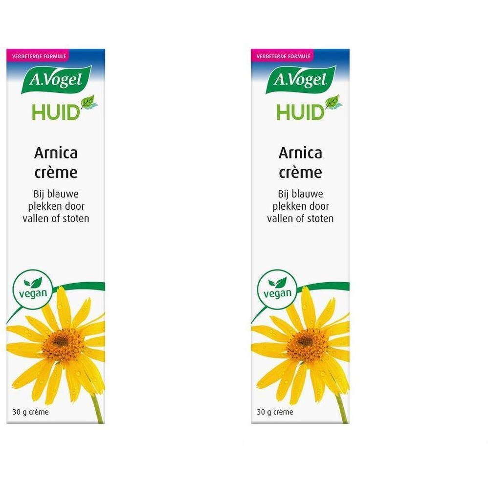 Deux tubes de Crème Arnica. Blanc, avec texte vert et jaune. Label vegan. Fleur jaune illustrée.