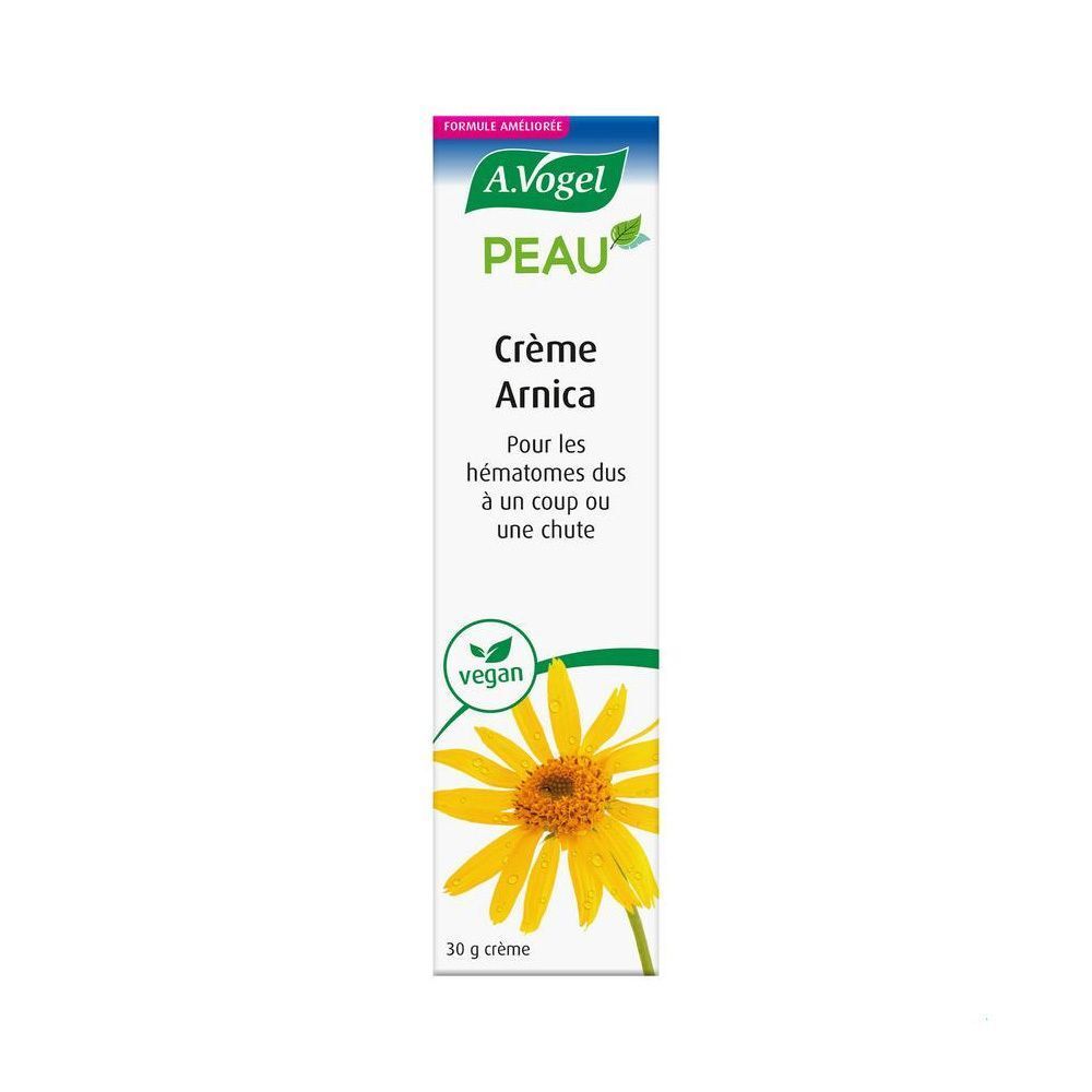 Tube de Crème Arnica. Blanc, avec texte vert et jaune. Label vegan. Fleur jaune illustrée.