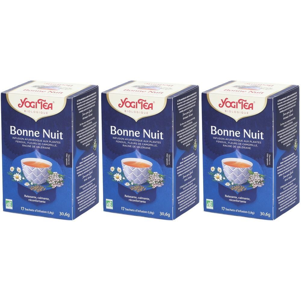 Drie blauwe dozen Yogi Tea® Bonne Nuit. Opdruk: kopje thee, bloemen, 17 zakjes, 30,6g. Bio-keurmerk.