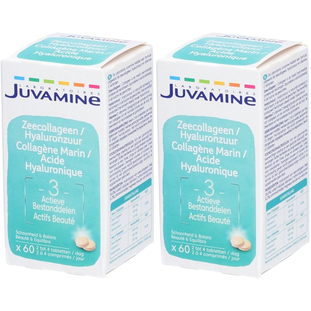 Twee dozen Juvamine. Opschrift: Zeecollageen/Hyaluronzuur, Collagène Marin/Acide Hyaluronique. Bevat 60 tabletten. 3 actieve bestanddelen.