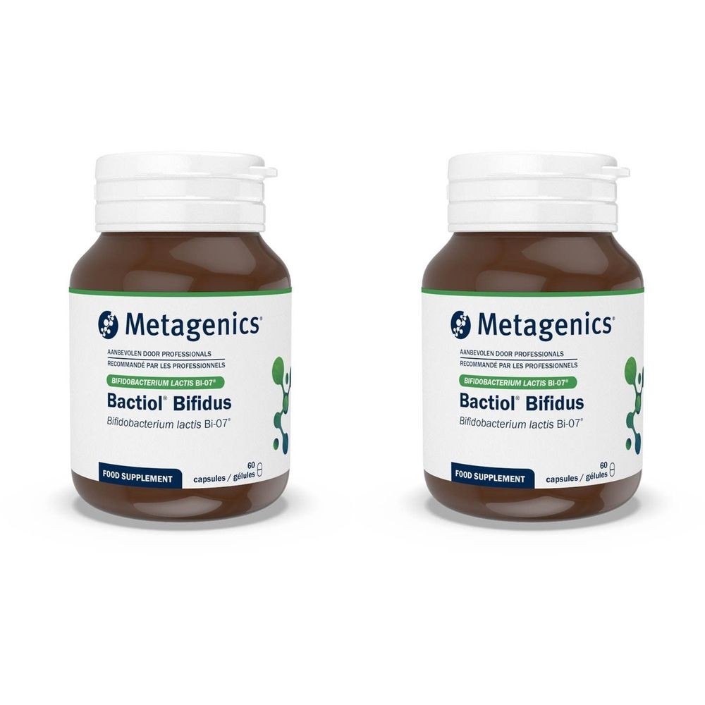 Twee bruine flessen met witte doppen. Opschrift: Metagenics, Bactiol Bifidus. Voedingssupplement.