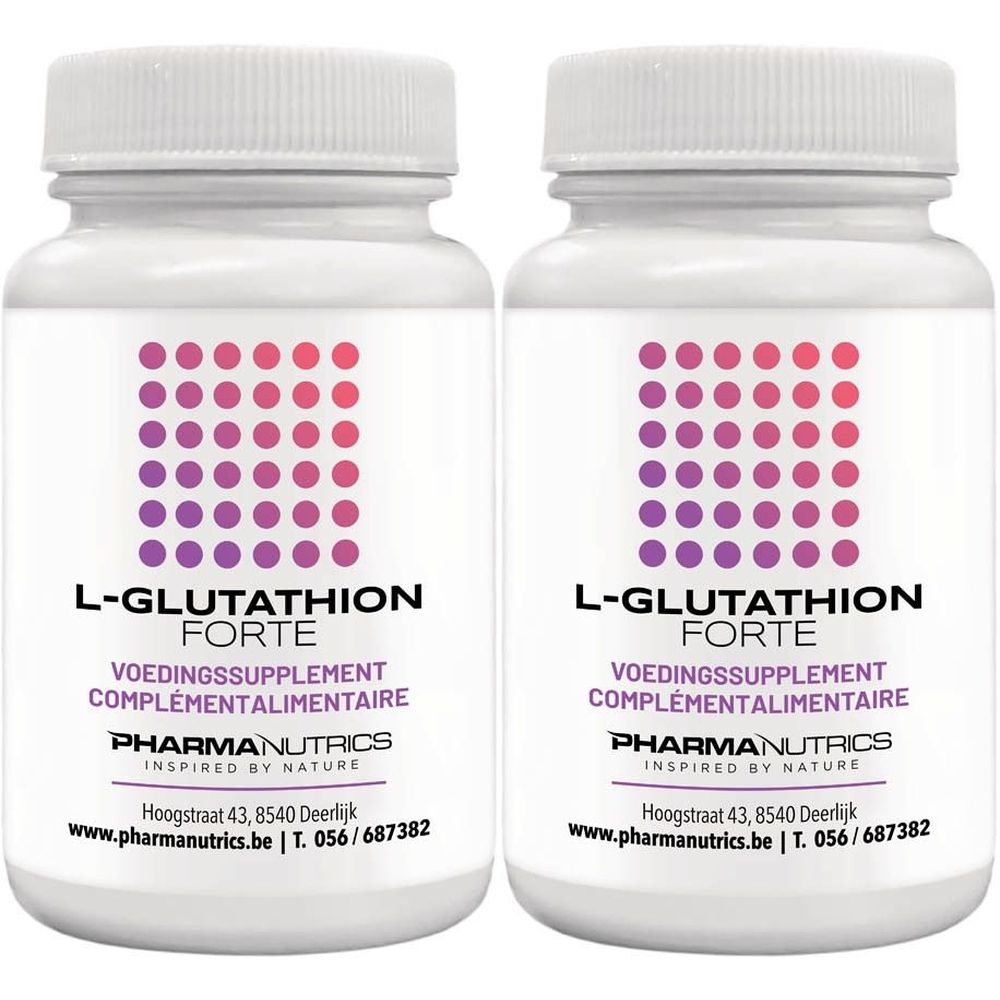 Twee witte flessen met paars-rode stippen en opschrift L-Glutathion Forte. Tekst in het Frans en Nederlands.