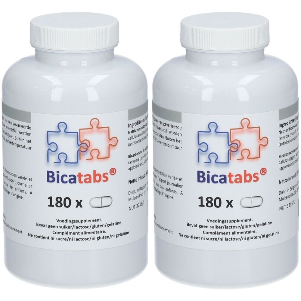 Deux flacons blancs avec bouchons à vis. L'étiquette indique "Bicatabs", "180 x" et un symbole de puzzle. Complément alimentaire.