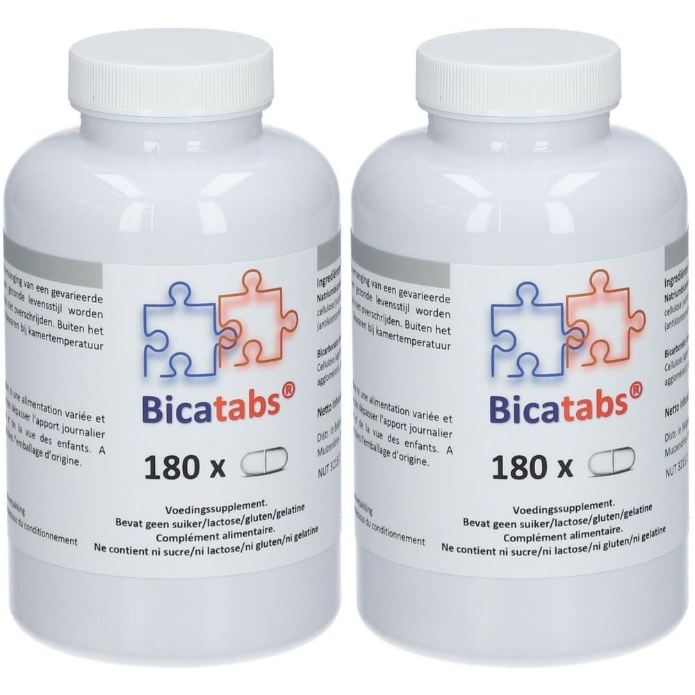 Twee witte flessen met schroefdop. Etiket met productnaam Bicatabs, 180 tabletten en pictogram.